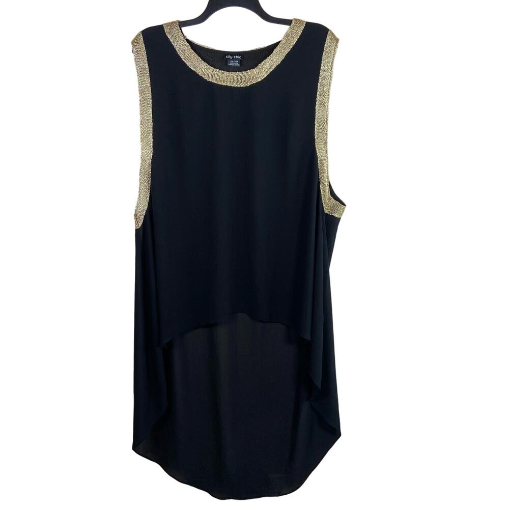City Chic Tunic Top Women’s 24W Black Chiffon High-Low Gold Metallic Trim Blouse